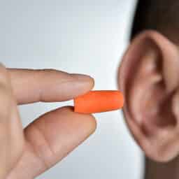 Young man putting an earplug into his ear